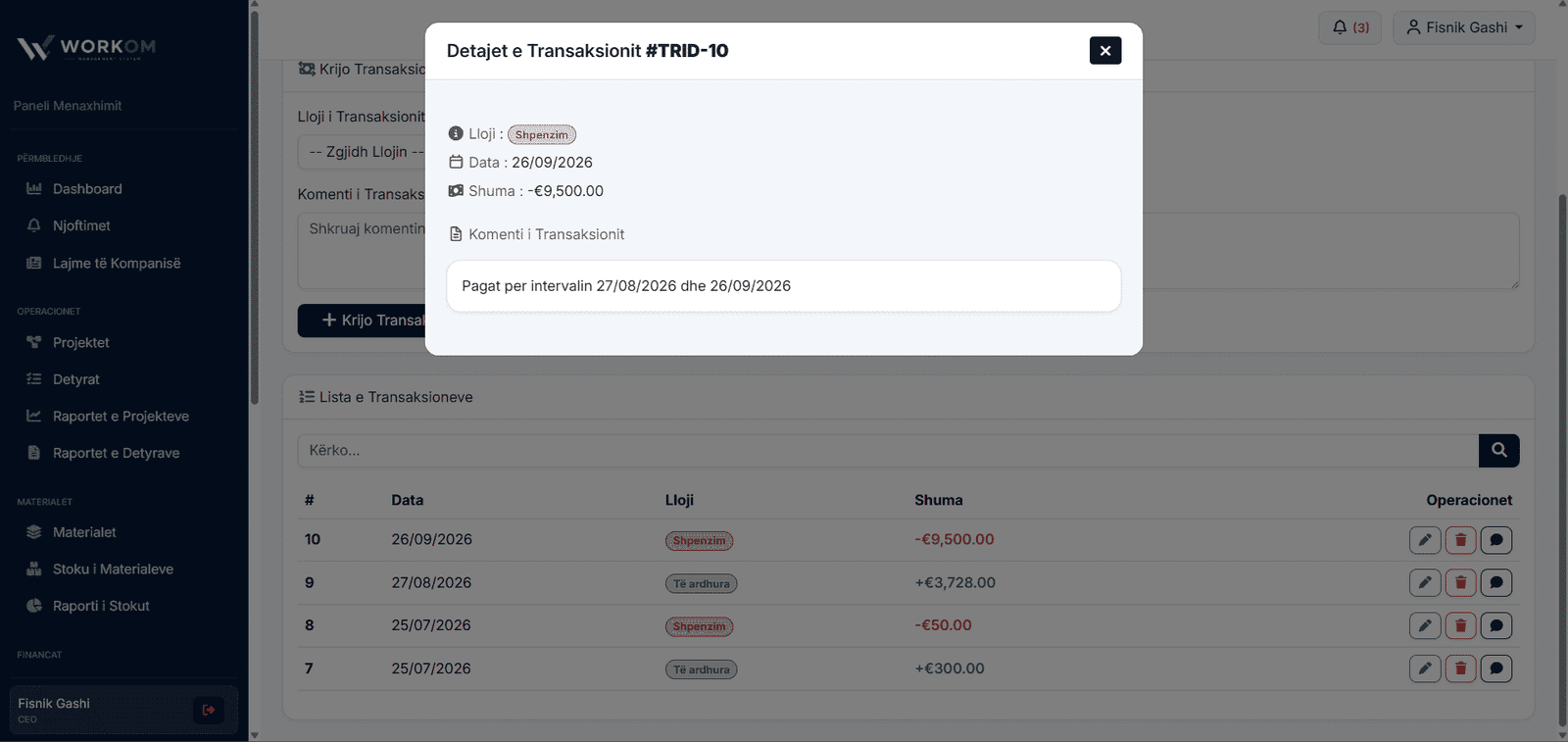 Detajet e transaksionit — WORKOM